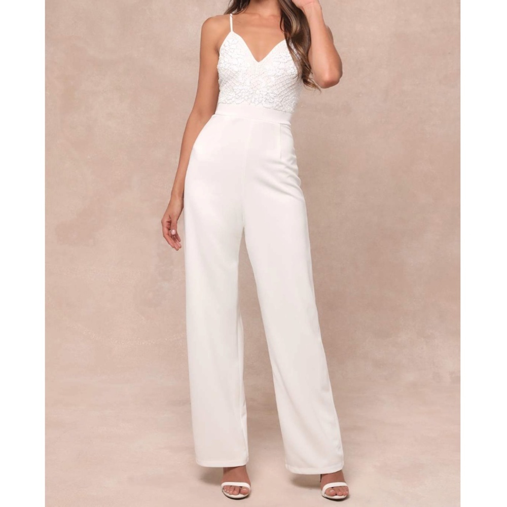 NWOT | LULU'S White Memorable Occasion Beaded Sequin Jumpsuit | Sz L